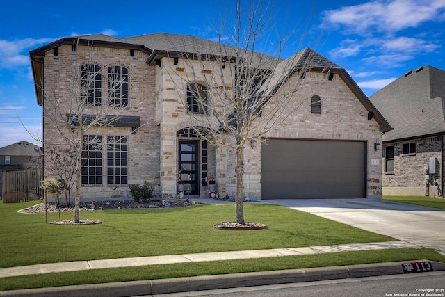 french country inspired facade featuring stone siding, brick siding, a front lawn, and concrete driveway