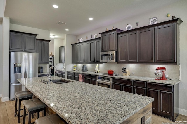 kitchen with appliances with stainless steel finishes, backsplash, a sink, and a kitchen island with sink