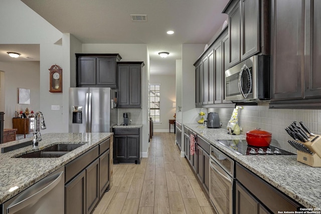 kitchen with light wood-style flooring, stainless steel appliances, a sink, visible vents, and tasteful backsplash