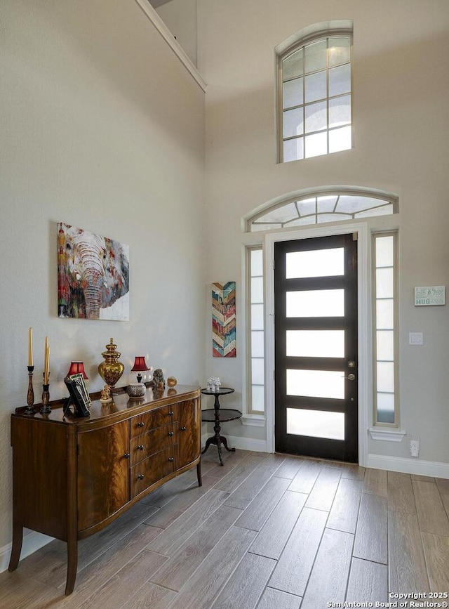 foyer entrance featuring a high ceiling, wood finished floors, and baseboards