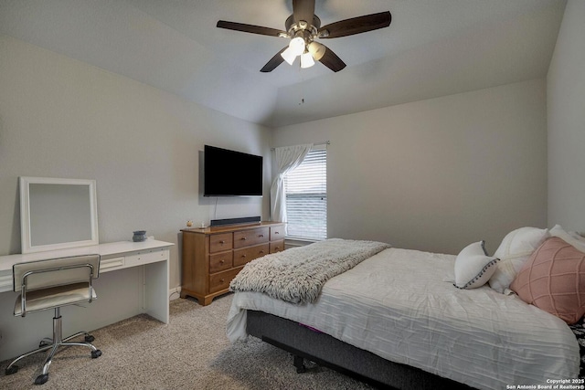 bedroom with light carpet, ceiling fan, and lofted ceiling