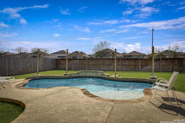 view of swimming pool with a fenced in pool, a patio area, a fenced backyard, and a yard