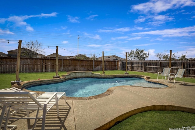 view of swimming pool with a fenced in pool, a fenced backyard, a patio, and a lawn