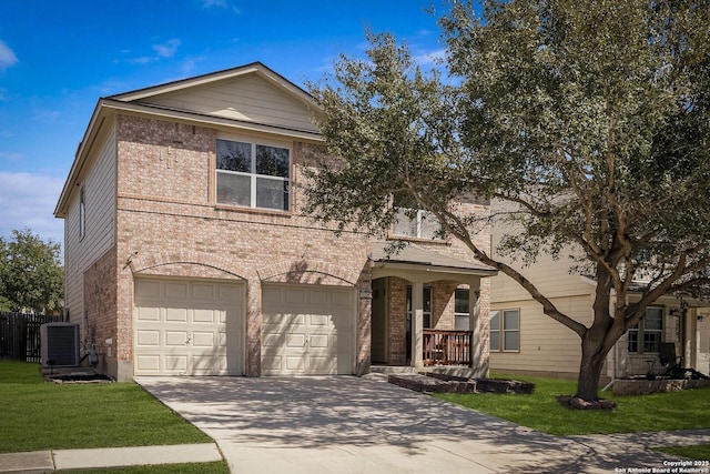 view of front of home with a garage, central AC, brick siding, concrete driveway, and a front yard