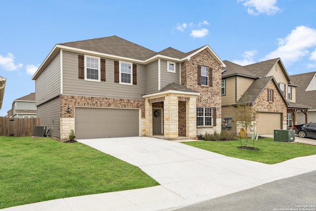 view of front of home featuring central AC, driveway, brick siding, and a front lawn