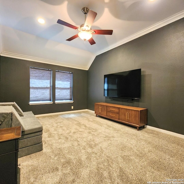 living area featuring carpet, ornamental molding, vaulted ceiling, and baseboards