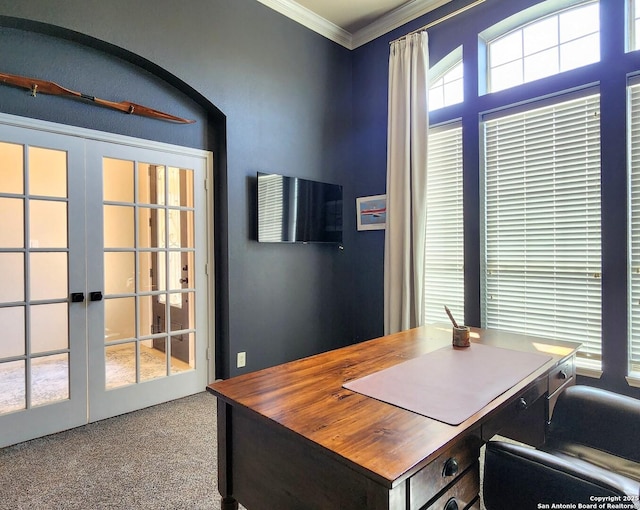 office area with ornamental molding and french doors