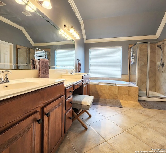 bathroom featuring a stall shower, ornamental molding, tile patterned flooring, vanity, and a bath