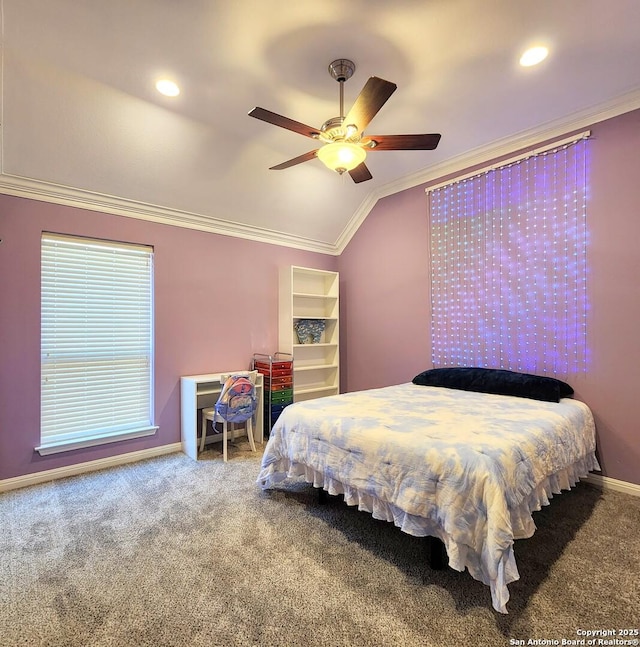 bedroom featuring lofted ceiling, ornamental molding, carpet, and baseboards