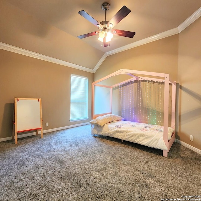 unfurnished bedroom with ornamental molding, lofted ceiling, carpet floors, and baseboards