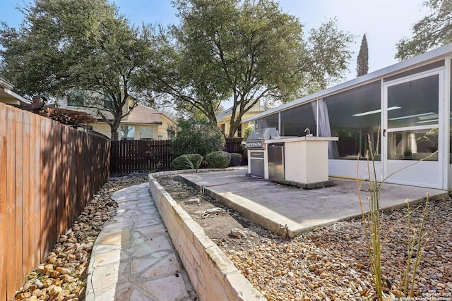 view of yard with a sunroom, a fenced backyard, exterior kitchen, and a patio