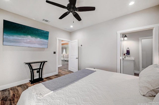 bedroom featuring recessed lighting, visible vents, ceiling fan, wood finished floors, and baseboards