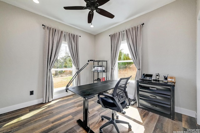 office area with plenty of natural light, dark wood finished floors, and baseboards