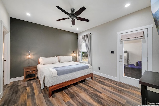 bedroom featuring ceiling fan, recessed lighting, wood finished floors, and baseboards