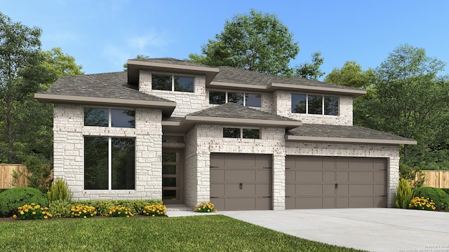 prairie-style home featuring a shingled roof, driveway, a front lawn, and fence