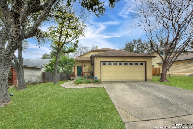 ranch-style home featuring a garage, a front yard, fence, and driveway