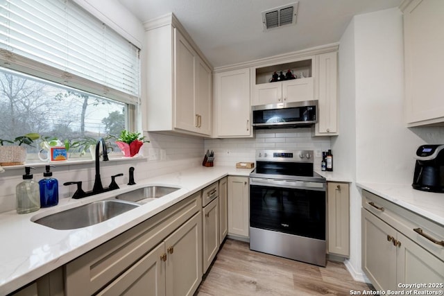 kitchen with visible vents, appliances with stainless steel finishes, a sink, light wood-type flooring, and backsplash