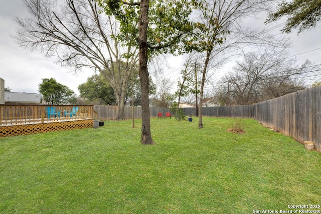 view of yard with a fenced backyard and a wooden deck