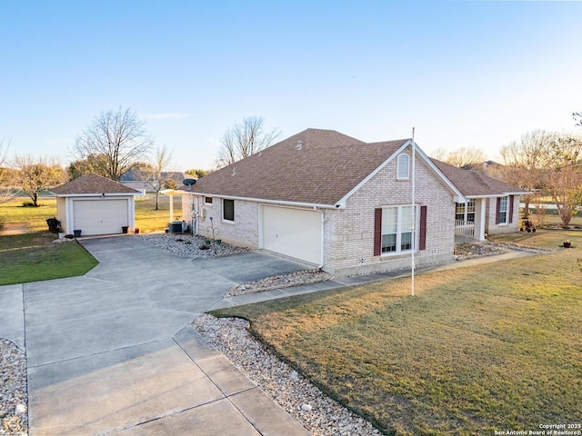 single story home with brick siding, a front yard, a shingled roof, and central air condition unit