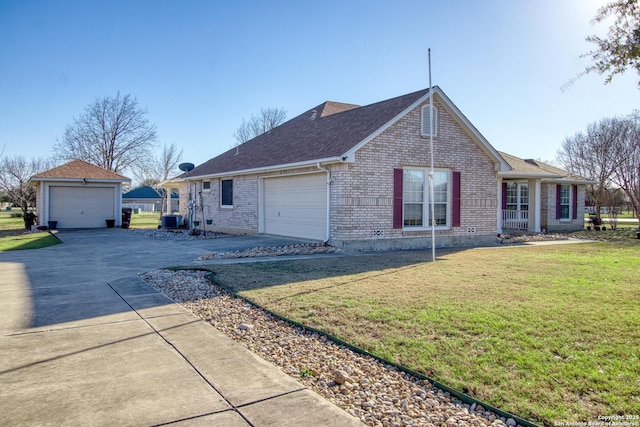 view of side of home with brick siding, a detached garage, a lawn, central AC, and an outdoor structure