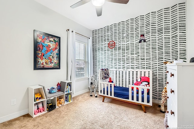 game room with ceiling fan, carpet flooring, and baseboards