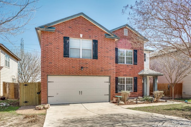 traditional home with concrete driveway, fence, and brick siding