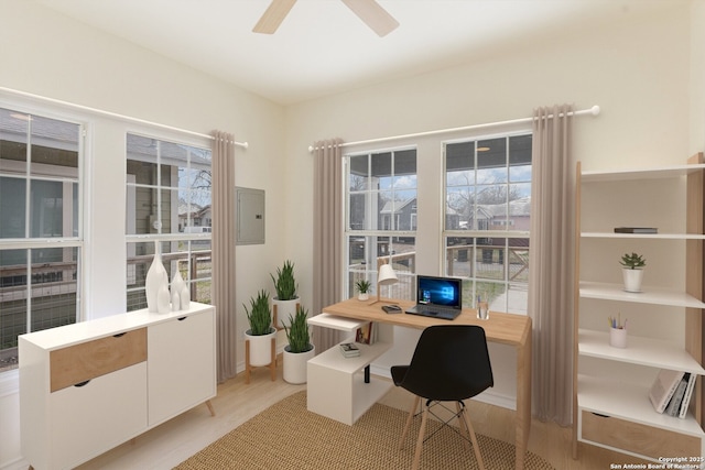 office space with light wood-type flooring, ceiling fan, and electric panel