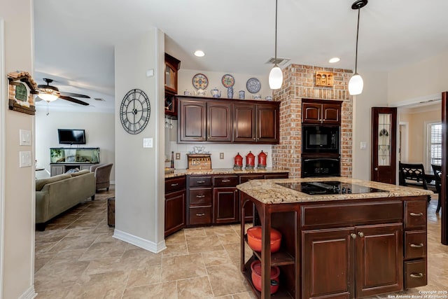 kitchen featuring black appliances, visible vents, open shelves, and light stone counters