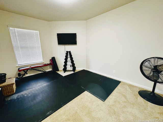 exercise area featuring carpet flooring and baseboards