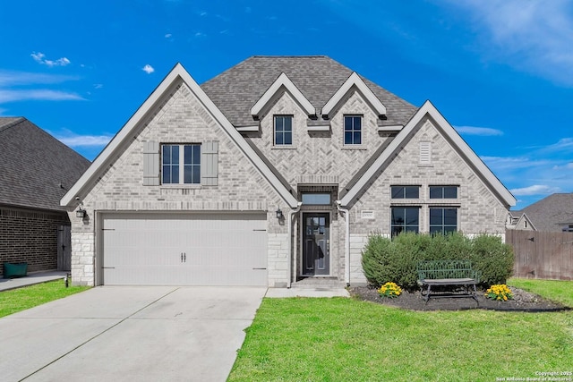 french provincial home featuring brick siding, a shingled roof, concrete driveway, fence, and a front yard