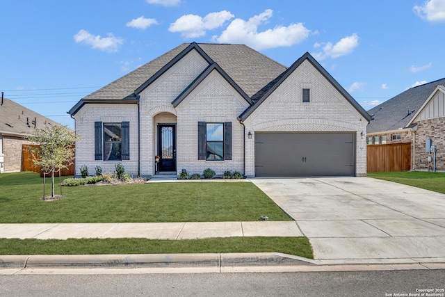 french country home with a garage, brick siding, fence, driveway, and a front lawn