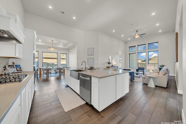 kitchen featuring a sink, open floor plan, appliances with stainless steel finishes, custom exhaust hood, and wood tiled floor