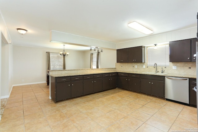 kitchen featuring backsplash, stainless steel dishwasher, a sink, dark brown cabinets, and a peninsula