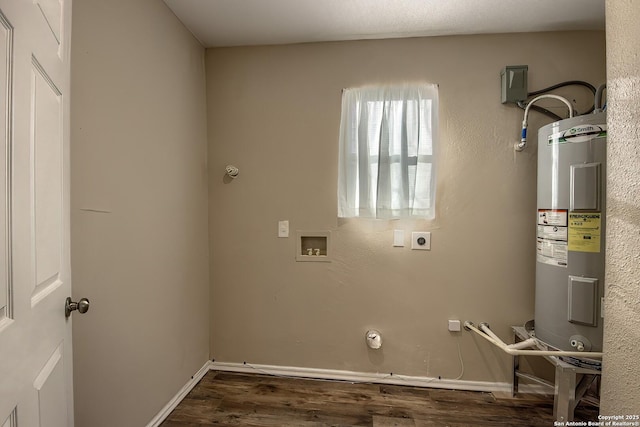 laundry area with water heater, electric dryer hookup, wood finished floors, laundry area, and baseboards