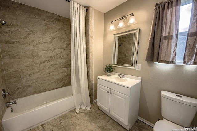 bathroom featuring toilet, shower / bathtub combination with curtain, baseboards, and vanity