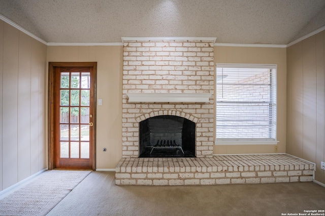 unfurnished living room with carpet floors, a brick fireplace, and ornamental molding