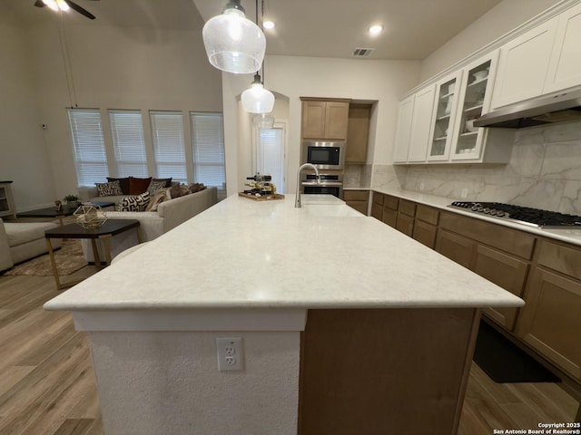 kitchen with visible vents, open floor plan, appliances with stainless steel finishes, light wood finished floors, and tasteful backsplash