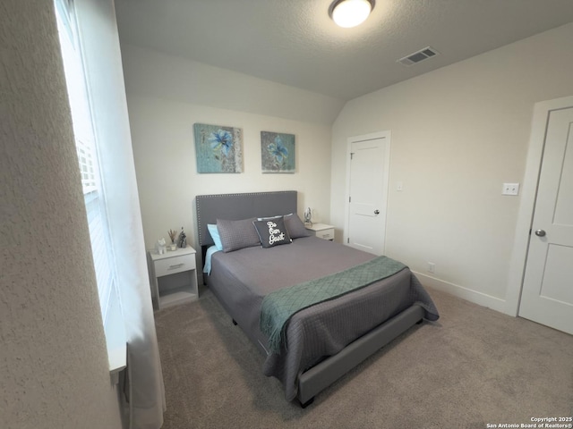 bedroom with lofted ceiling, a textured ceiling, visible vents, baseboards, and carpet