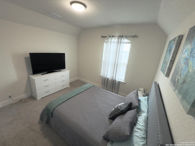 bedroom with lofted ceiling, carpet, baseboards, and a textured ceiling