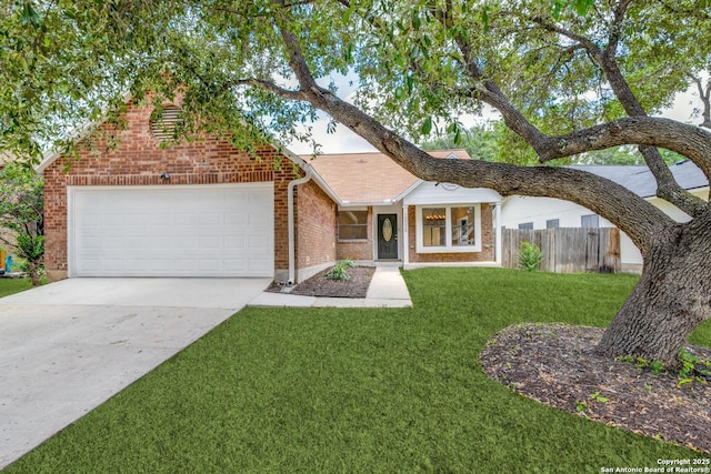 single story home featuring an attached garage, brick siding, fence, concrete driveway, and a front lawn