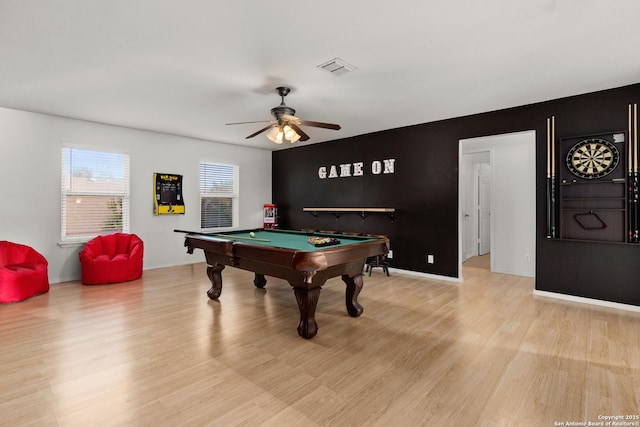 rec room featuring pool table, light wood-type flooring, a ceiling fan, and baseboards