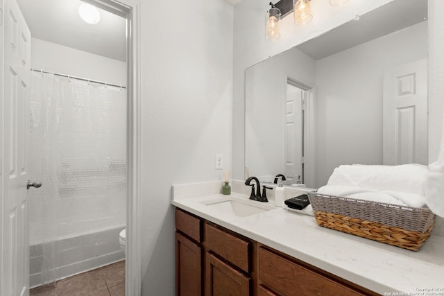 full bath with toilet, tile patterned flooring, shower / bathtub combination with curtain, and vanity