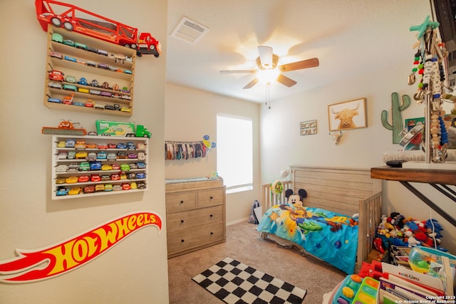 bedroom featuring carpet floors, visible vents, ceiling fan, and baseboards