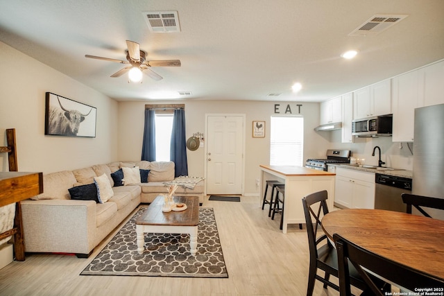 living area featuring plenty of natural light, visible vents, and light wood-style floors