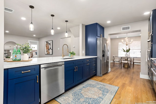 kitchen with appliances with stainless steel finishes, blue cabinets, visible vents, and a sink