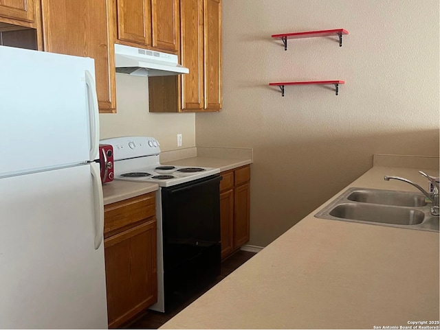 kitchen with under cabinet range hood, range with electric stovetop, a sink, light countertops, and freestanding refrigerator