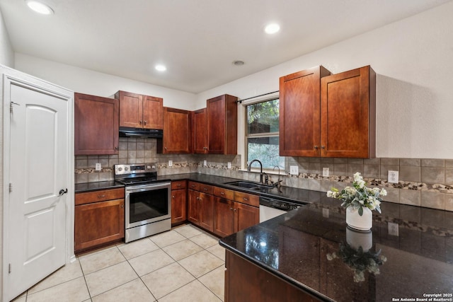 kitchen featuring stainless steel range with electric cooktop, a sink, light tile patterned flooring, dishwasher, and under cabinet range hood