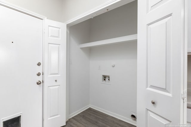 clothes washing area with washer hookup, laundry area, baseboards, and dark wood-style flooring