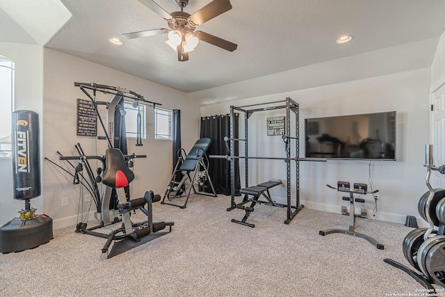 exercise room featuring recessed lighting, ceiling fan, and baseboards