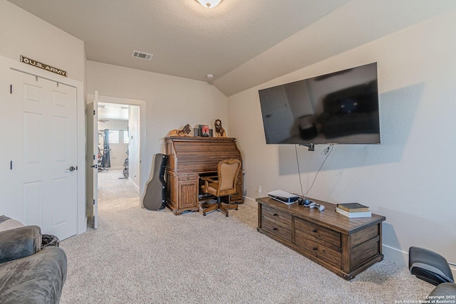 interior space with lofted ceiling, baseboards, visible vents, and a textured ceiling